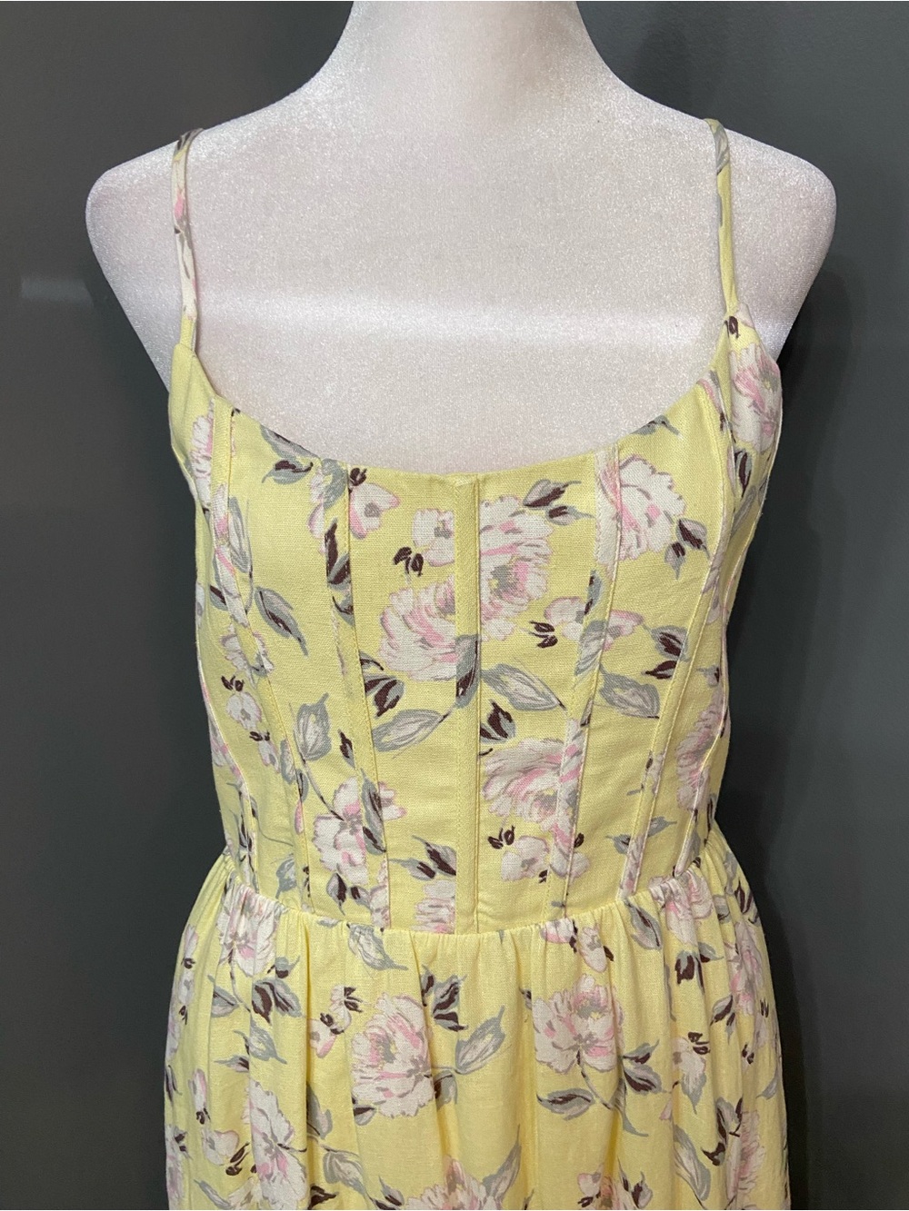 Charles Henry Yellow Print Long Sundress W/Boning Front Smocked Back Linen Small